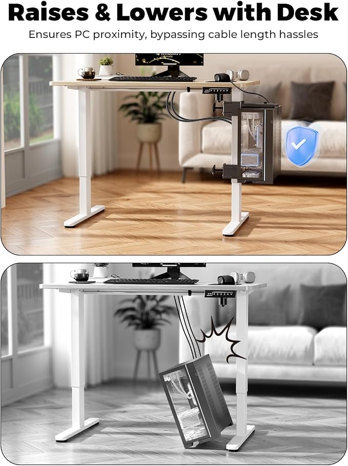 JOY worker Under Desk PC Mount for Standing Desk, Clamp-On Desk Leg Computer Mount, No Drilling, Adjustable Computer Case CPU Holder Holds Up to 44lbs, Black PC Tower Mount