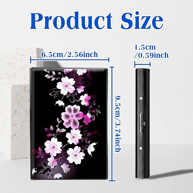 RFID Blocking Credit Card Holder - Slim Metal Wallet for Women & Men,Pink White Flowers Design Stainless Steel Business Card Case,Compact Pocket Organizer for Travel & Daily Use