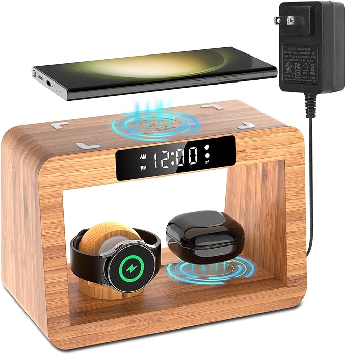 Bamboo Wireless Charger Station for Samsug Galaxy, for Samsun High Speed Charging Station, Wireless Phone Charger Station, Wireless Charger for Samsun Watch (with Alarm Clock for Samsung)