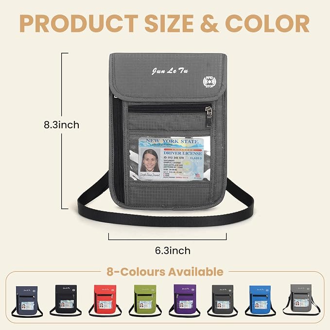 Passport Holder for Travel, RFID Passport Wallet with Visual Window Design, Multifunctional Document Organizer, Waterproof Travel Pouch Neck Wallet for Men and Women, Grey