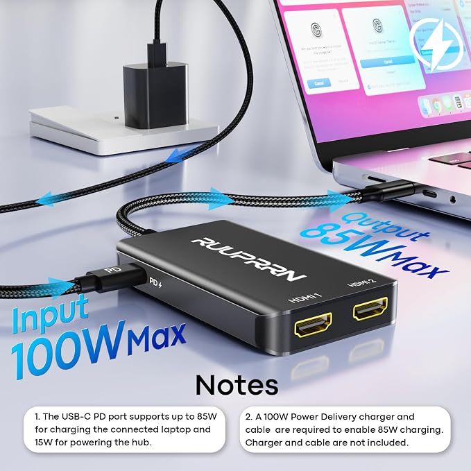6-in-1 USB Hub (0.99FT), USB C to Dual HDMI Adapter 4K@60Hz, HDMI Splitter Extended Display for Dual Monitors with 100W PD Port, USB 2.0, Dual Monitor Adapter for MacBook Neo/Air/Pro, XPS, HP