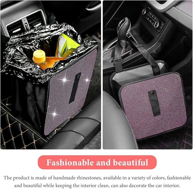 Car Foldable Trash Can, Bling Rhinestone Oxford Garbage Container Hanging Waterproof Organizer, Mini Crystal Dustbin Waste Basket Leakproof Trash Bin for Car Office Kitchen (Light Pink)