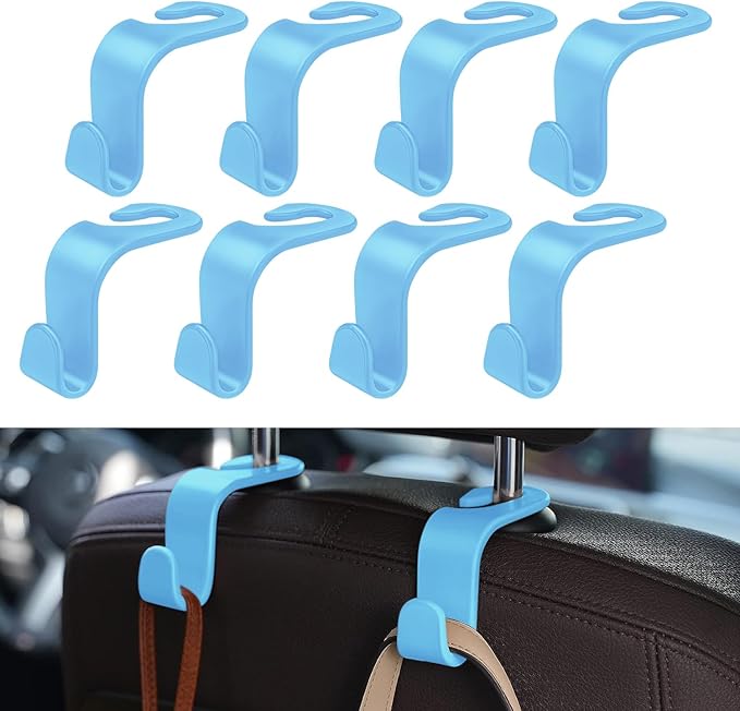 8 Pack Car Seat Headrest Hooks with 44 Pounds Load Capacity, Hangers Storage Organizer Universal Car Interior Accessories for Handbags Water Bottles Purse Coats Umbrellas, Light Blue
