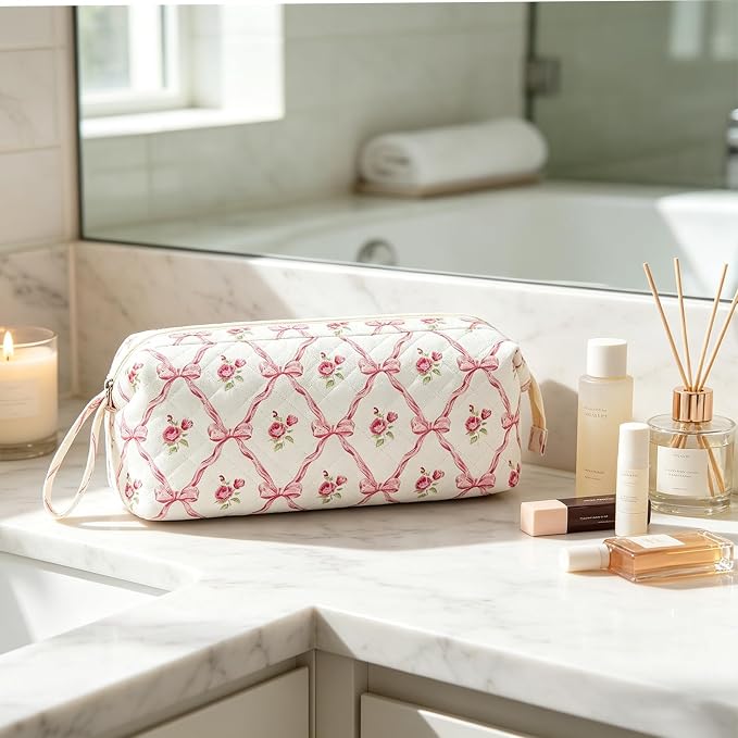 Stratalife Quilted Hair Tools Travel Bag with Polishing Cloth Compatible with Dyson Airwrap Shark Flex Style, Portable Bow Toiletry Bag Hair Dryer Curling Iron Carrying Case Travel Essentials White