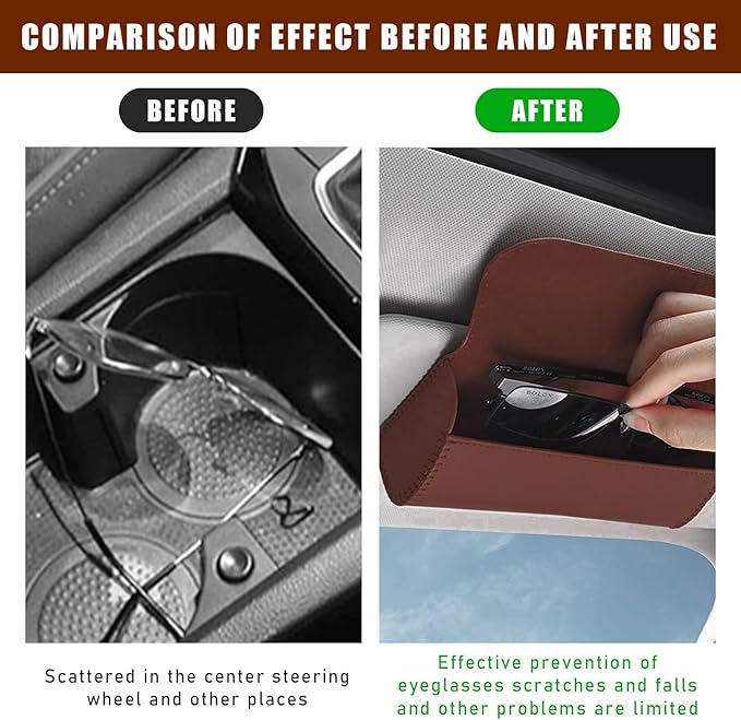 Augeny Sunglasses Holder for Car Sun Visor, Leather Auto Eyeglasses Storage Case with Hidden Magnetic Closure, Protective Glasses Organizer Box, Vehicle Visor Accessories for Woman Man (Brown)
