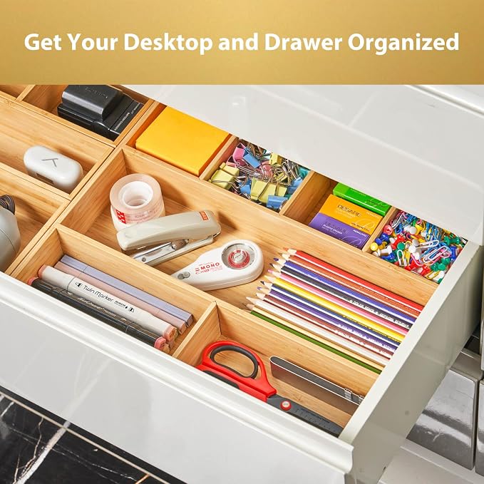 Umilife Large Bamboo Desk Drawer Organizer, Wood Office Junk Tray, 15"x12" | 2.4" Tall for Deep Drawer - Adjustable slots - Anti Slip Silicone Pads - Versatile Storage Box in Kitchen, Pantry