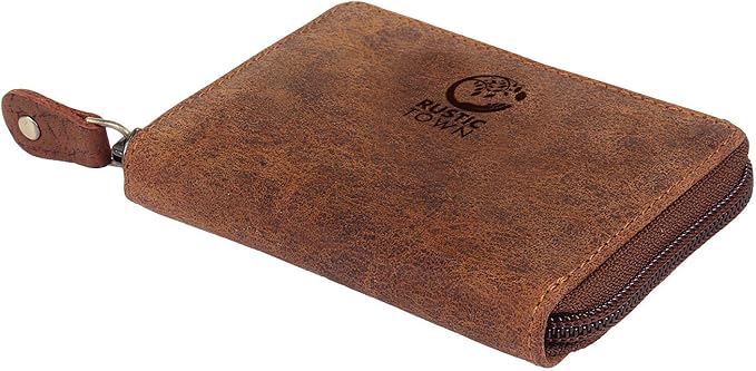 RUSTIC TOWN Leather Key Holder Case - Zippered Key Organizer Wallet with 8 Hooks for Keys, Cash & Card - Gift for Men Women