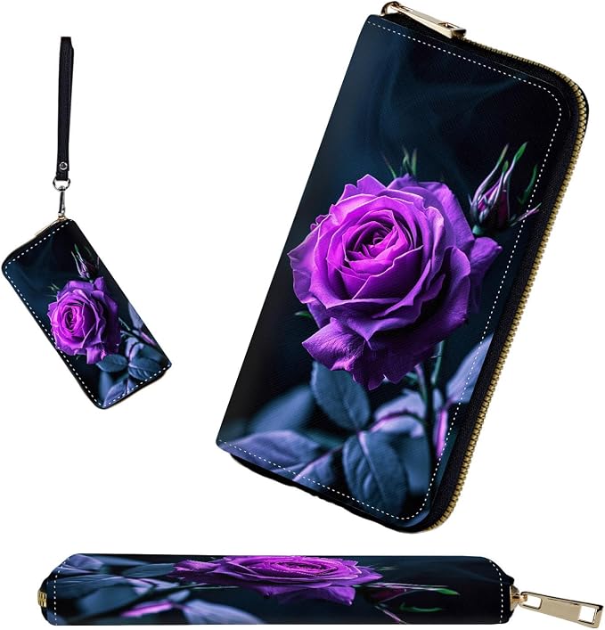 RFID-Blocking Zip Around Wallets for Women with Detachable Wrist Strap,Large Capacity Phone Holder with Card Organizer & Coin Pocket,Purple Flower Rose