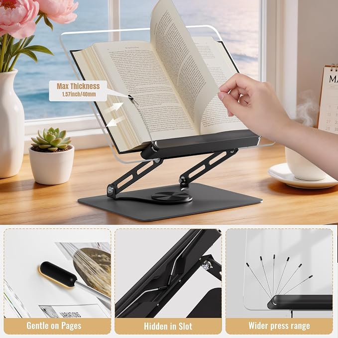 HAUTOCO Adjustable Acrylic Book Stand for Reading, 360° Rotating Base, Foldable Desktop Book Holder with Elastic Page Clips, Hands-Free Cookbook Stand for Laptop, Tablet, Recipe, Textbook, Music Score