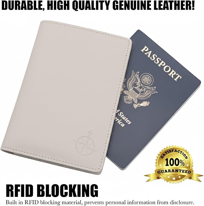WANDERINGS Leather Passport Holder for Travel – RFID Blocking Passport Wallet & Cover for Men and Women – Slim Travel Wallet Case with Card Slots – Genuine Full Grain Leather – 5.5" x 4" - Oat Color