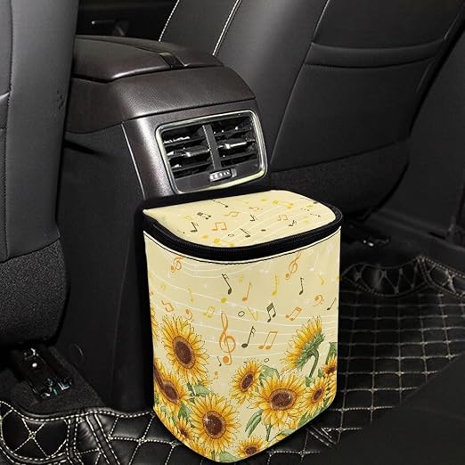 Talayituse Sunflower Music Note Print Car Trash Bin, Large Size Auto Trash Can Adjustable Portable Garbage Can with Lid, Vehicle Hanging Bag for Headrest Front Back Seat