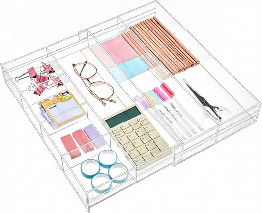 Briwooody 1 Pcs Acrylic Desk Drawer Organizer 12'' up to 16'' x 14.5'' x 2.2'' Expandable Drawer Organizer Trays with 7 Adjustable Compartments Clear Desk Accessories for Makeup Office Bathroom