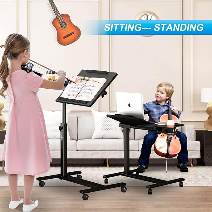 Panta Height Adjustable Rolling Laptop Stand, Overbed Table with 2 Tilting Desktops, Mobile Laptop Table for Couch with Cup Holder, Mobile Computer Workstation for Office, Home and Hospital
