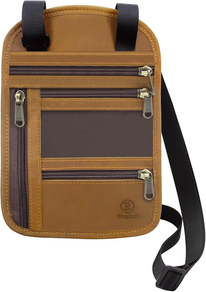 RiRingsun Genuine Leather Passport Holder For Travel, RFID Blocking Slim Neck Wallet with Adjustable Strap for Women Men, Travel Essentials to Keep Cash, Credit Cards and Documents Safe, Light Brown