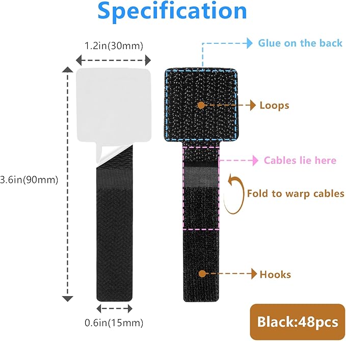 48Pcs Upgraded Under Desk Cable Management Ties - Self Adhesive Sticky Back Hook and Loop Straps, Cable Wire Organizers for Home Office