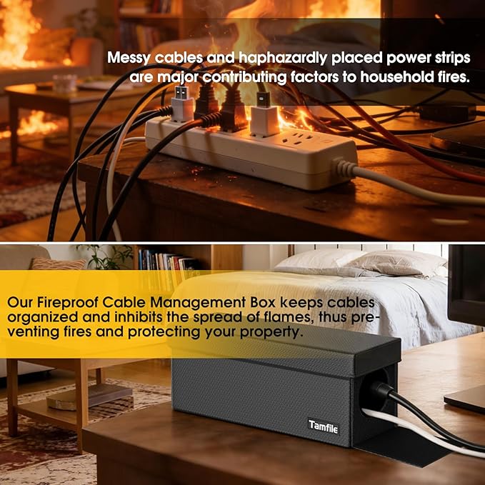 Tamfile Cable Management Box, Fireproof Foldable Cord Organizer and Cover, Heat Resistant Large Power Strip Organizer for TV Wires, Computer and USB Hub with Cable Clips & Reusable Cable Ties (Black)