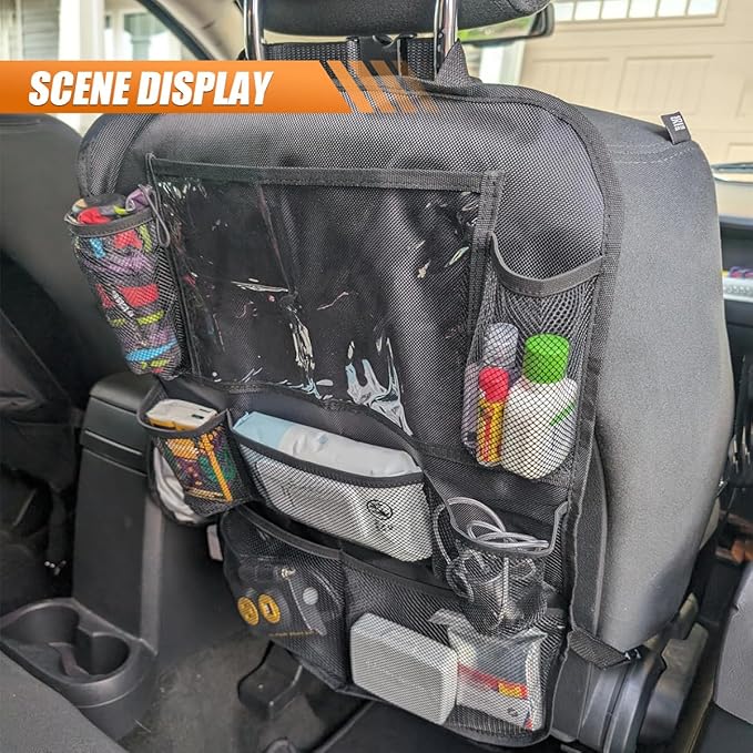 Car Backseat Organizer with 10'' Tablet Holder, Oxford Fabric Auto Seat Back Protector Kick Mats for Kids, Car Back Seat Storage Pockets Organizer, Essentials Travel Accessories for Road Trip (1PC)