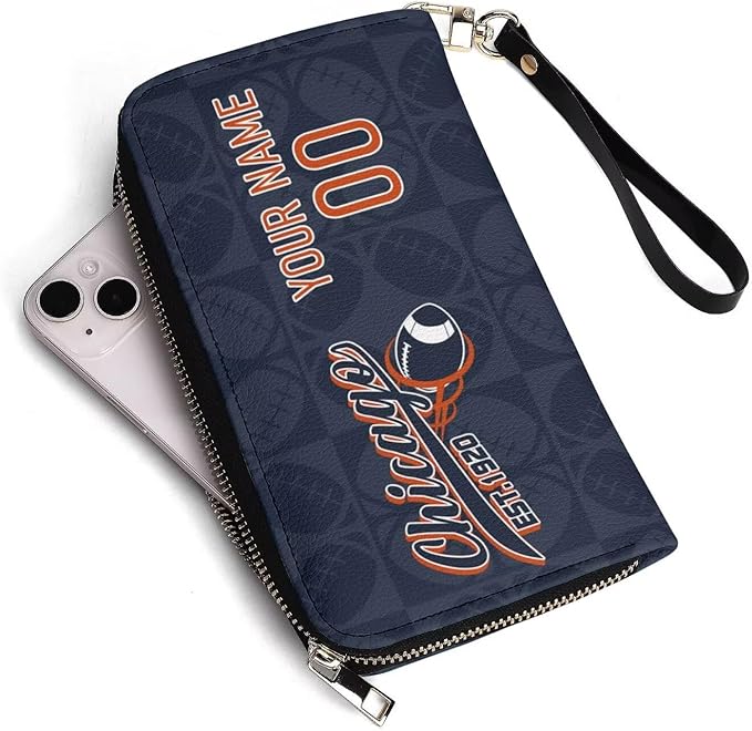 Custom Sports Team Zip Organizer Wallet-Personalized PU Leather Wallet with Name Number,Multi-Card Slots,Wrist Strap,Fan Gift for Men Women.