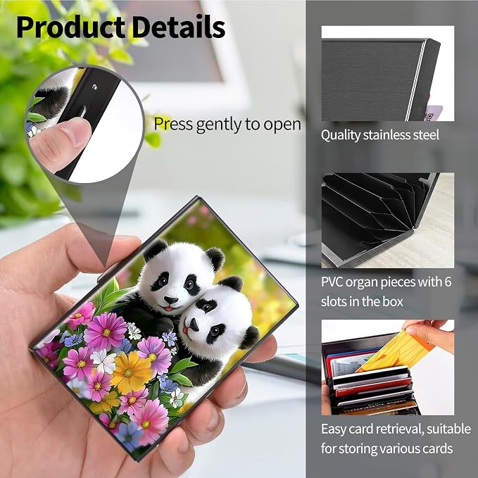 Metal Wallet, Credit Card Holder for Women Men Girls, RFID Blocking Aluminum Wallet Slim Hard Case, Mini Travel Wallet, ID Card Holder Business Card Case,Pandas