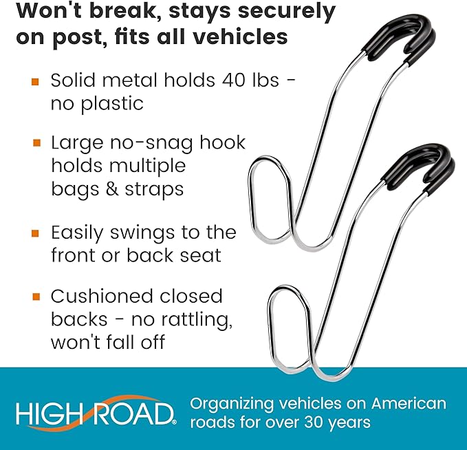 High Road Metal Car Hooks - Hard Hat Holder for Truck and Unbreakable Headrest Hooks for Car for Large Straps and Heavy Bags up to 40 lbs - Secure Attachment Loops Fit All Headrest Posts, 2-Pack
