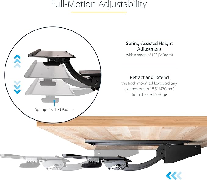 StarTech.com Under Desk Keyboard Tray - Full Motion & Height Adjustable Keyboard and Mouse Tray, 10"x26" Platform - Ergonomic Desk Mount Computer Keyboard Tray with Mouse Pad & Wrist Rest (KBTRAYADJ2)