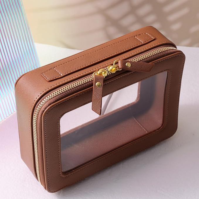 SANHECUN Toiletry bag waterproof cosmetic organizer with handle large opening for travelling car organizer (Brown)
