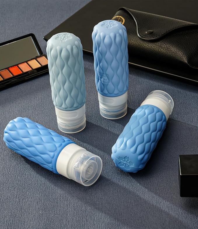 100 ml Silicone Travel Bottles for Toiletries with Labels/Clear Bag, Holiday Travel Essentials Leakproof Refillable Squeeze Travel Size Containers Set for Shampoo and Conditioner