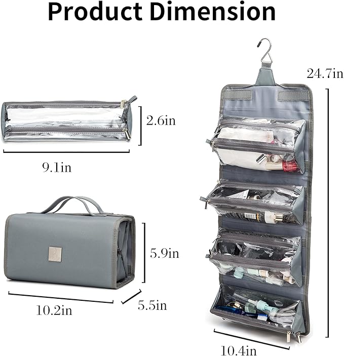 ROYALFAIR Roll Up Makeup Bag, Travel Toiletry Bag for Women with 4 Clear TSA Approved Pouches, Hanging Travel Organizer, Folding Cosmetic Bag for Men and Women