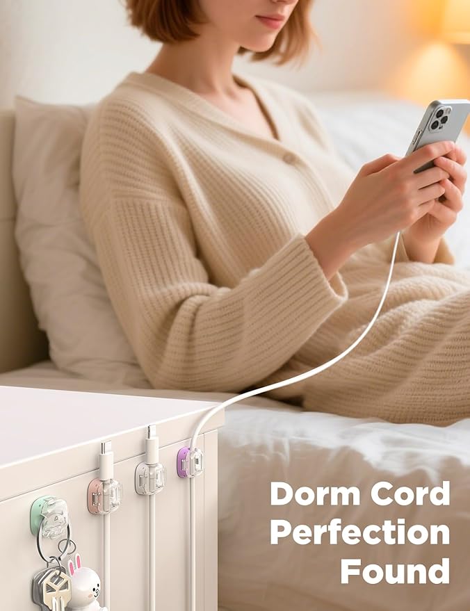 Cable Clips,12 Pack Cord Holder Cord Organizer [1s Lock & Strongest Adhesive] Spring Cord Clips Phone Charger Wire Desk Cable Management Nightstand Home Office School Decor Women Cute Desk Accessories