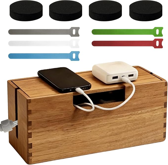 Acacia Wood Cable Management Box, Wooden Cord Hider Organizer for Power Strip, Desk/Floor/TV Wire Storage, Under Desk Cable Organizer for Home Office