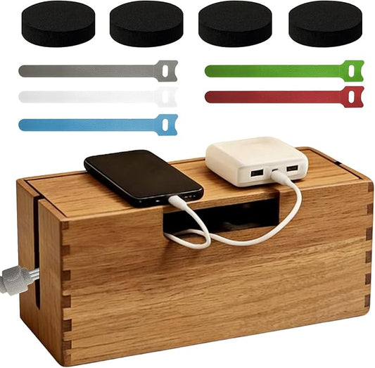 Acacia Wood Cable Management Box, Wooden Cord Hider Organizer for Power Strip, Desk/Floor/TV Wire Storage, Under Desk Cable Organizer for Home Office