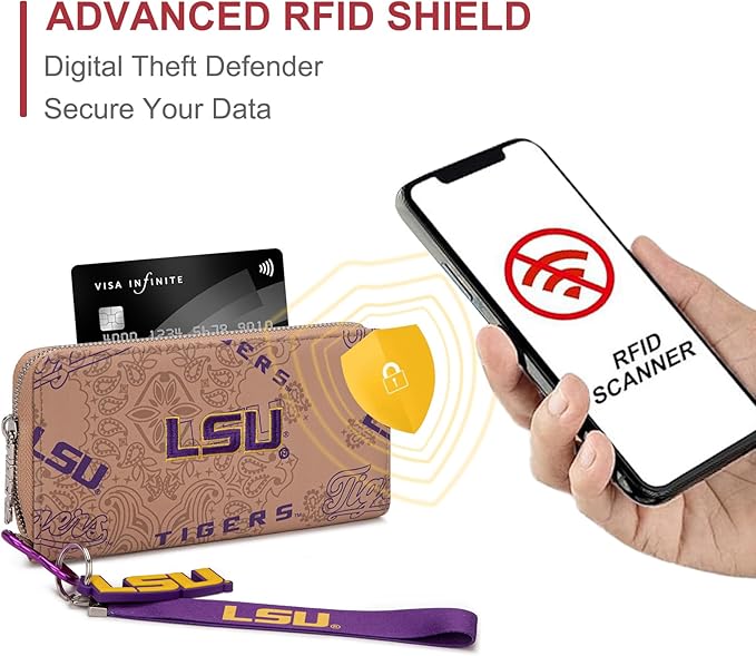 LSU Women Wristlet Purse with RFID Blocking Card Slot, LSU Clutch Zipper Wallet for Gift, Game Day, Concert Essentials | Khaki, NC-LSU011KH