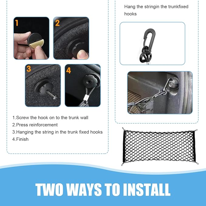 Car Rear Cargo Net, Adjustable Elastic Trunk Storage Organizer Net, 35.43" x 11.81" Double-layer Storage Net with Hooks, Universal Automotive Interior Accessories for Most Cars (Black)
