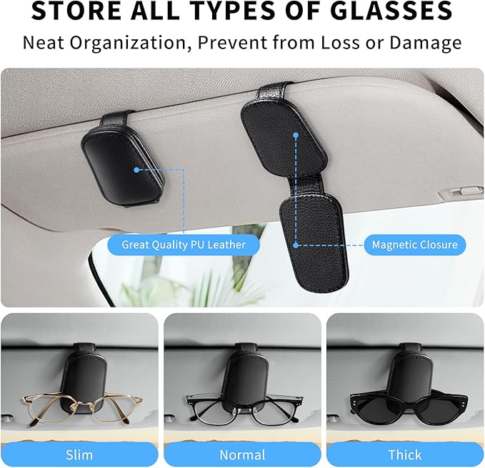 Meliya 2 Pcs Sunglass Holder, Magnetic Leather Ticket Card Clip for Car Sun Visor Accessories for Different Size Eyeglasses