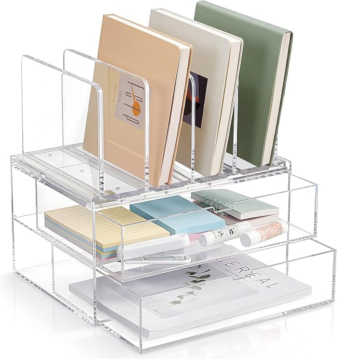 Ripeng Acrylic Desk Organizer with 2 Drawers, Vertical File Holder with 5 Detachable and Adjustable Dividers, Clear Desk Organizers and Accessories for Home, Office, School