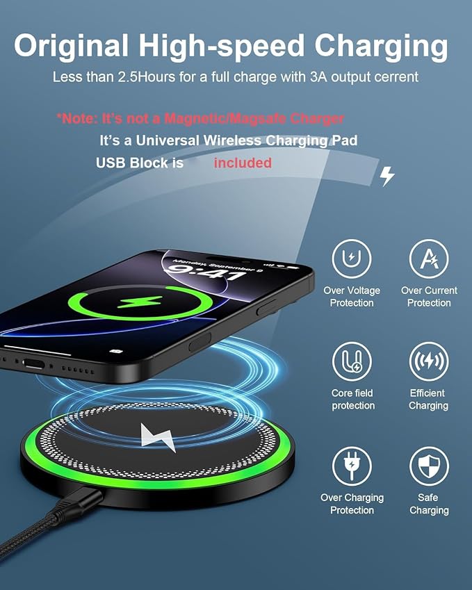 Wireless Charger Samsung S26, 15W Android Wire Less Charging Pad for Galaxy S25 Ultra S25+ S24, Fast Charging Station with Block for Google Pixel 10 Pro XL/9a Android iPhone 17 16 Cargador inalámbrico