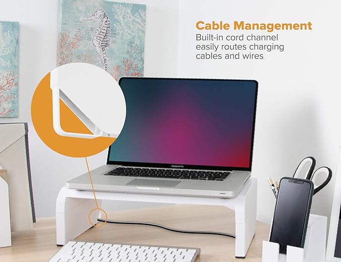 Bostitch Office Konnect Adjustable Monitor Stand Riser, 4 Height Adjustments, Built-In Cable Management, Rubber Feet - White