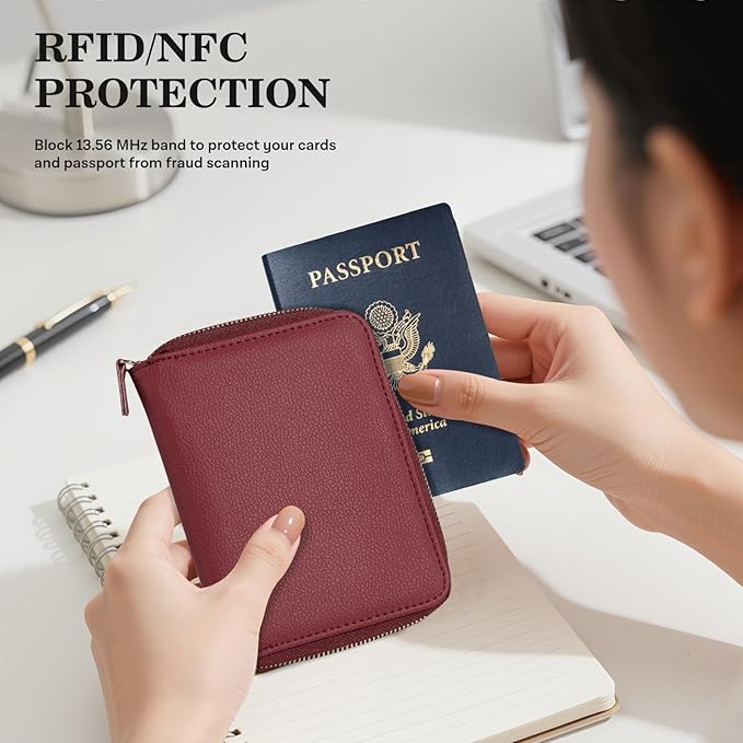 CoBak Passport Holder Cover with Safe Zipper Closure, Premium Passport Wallet for Travel, Cute RFID Blocking Card Case, Waterproof Travel Accessories for Man, Pebbled Wine