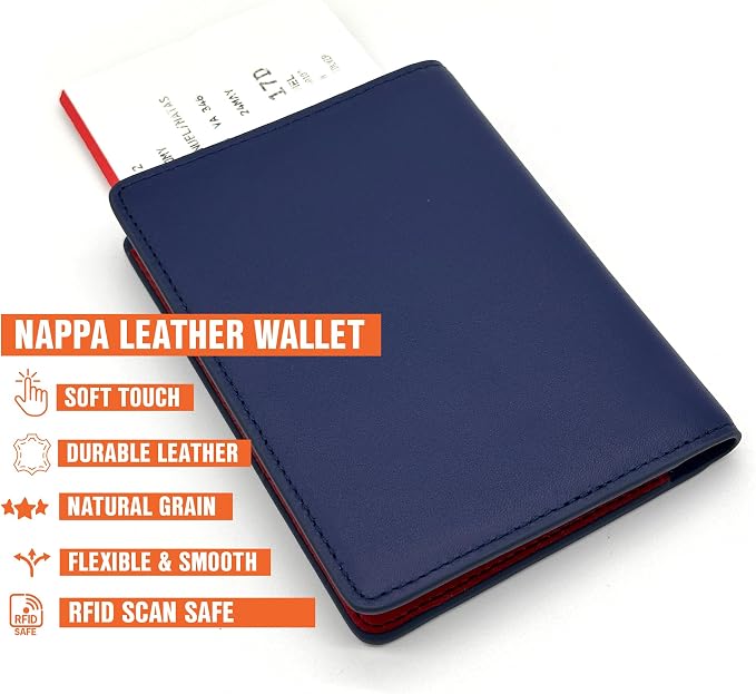 Slim Nappa Leather RFID blocking Passport Cover for Men and Women (Blue/Red)