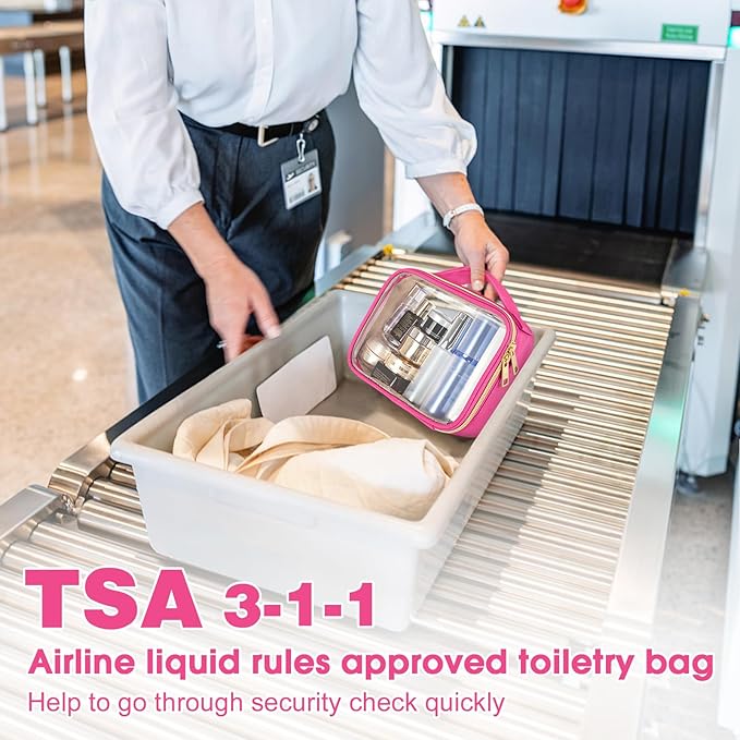 Wedama TSA Approved Toiletry Bag, 2 Pack Clear Makeup Bags with Handles, Quart Size PVC Clear Cosmetic Bags for Women and Men, Carry on Airport Airline Compliant Bag, Rose Red