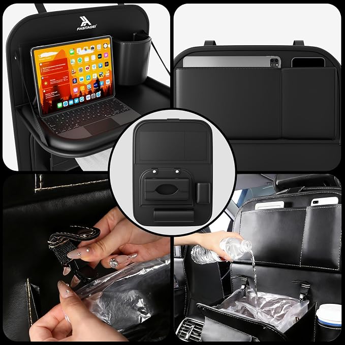 2 Pack Universal Premium Leather Foldable Car Backseat Organizer with Table Tray, Car Seat Back Protector with Garbage Bag Touch Screen Pad Holder, Car Kick Mats with Tissue Box (Black)
