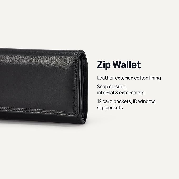 Amazon Essentials Women's Long Flap Continental Leather Wallet with Snap Closure, Black, One Size