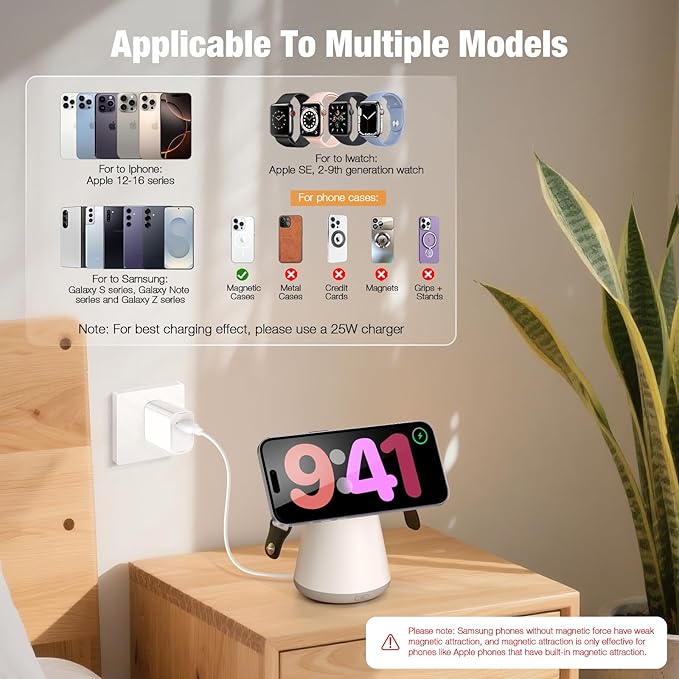 2 in 1 Wireless Charging Station with Night Lamp for Apple Samsung Magnetic Charger, 15W Foldable Portable Wireless Charging Stand for iPhone 17 16 15 14 13 12 Pro Max, Apple Watch