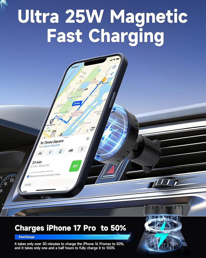 25W for MagSafe Car Mount Charger with Cooling Fan, Qi2.2 Magnetic Car Phone Holder for iPhone, 360° Adjustable Fast Wireless Cars Charging for iPhone 17/16/15/14/13, Air Vent & Dash Mount