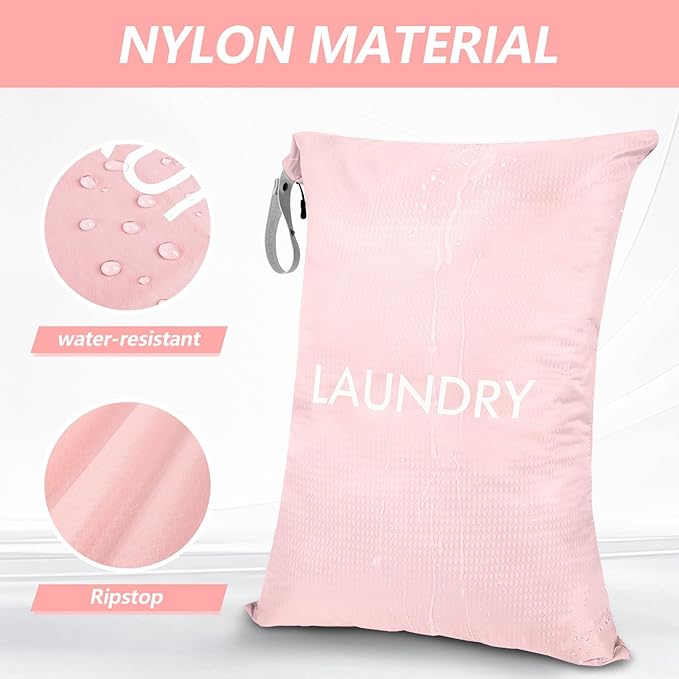 MissBoy 50L Travel Laundry Bag with Zipper, Heavy Duty & Odor-Proof Washable Nylon Sack for Dirty Clothes, Space-Saving Luggage Organizer & Dorm Room Essential for College Girls, Pink