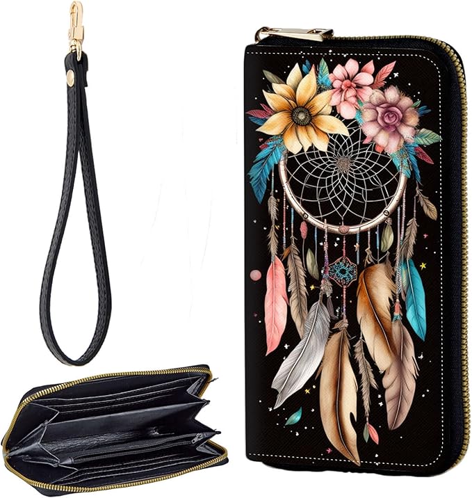 Zip Around Wallets for Women with Detachable Wrist Strap, Large Capacity RFID Blocking Leather Purse Organizer Card Holder Wristlet,Dream Catcher Flower