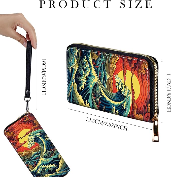 Zip Around Wallets for Women with Detachable Wrist Strap, Large Capacity RFID Blocking Leather Purse Organizer Card Holder Wristlet,Retro Japanese Waves