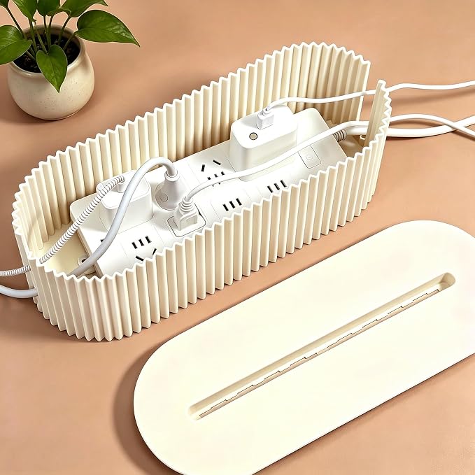 Cable Management Box Cord Organizer Box, Wires Hide Box Cord Concealer for Power Strips Surge Protectors Adapters Office Desk -Beige