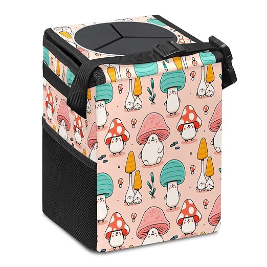 Car Trash Can Cute Mushroom Wate-rproof Auto Garbage Bag Car Trash Can with Lid Leak-Proof Car Storage Bag Hanging for Headrest Collapsible and Portable with Storage Mesh Pocket
