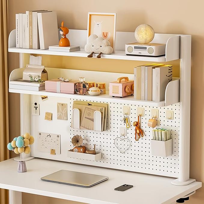 Clamp on Desk Shelf with Pegboard, Black Desktop Bookshelf Organizer Storage Shelves for Home Office Dorm Gaming Desk, Space Saving Tabletop Display Rack Organization (White, 39.3in)